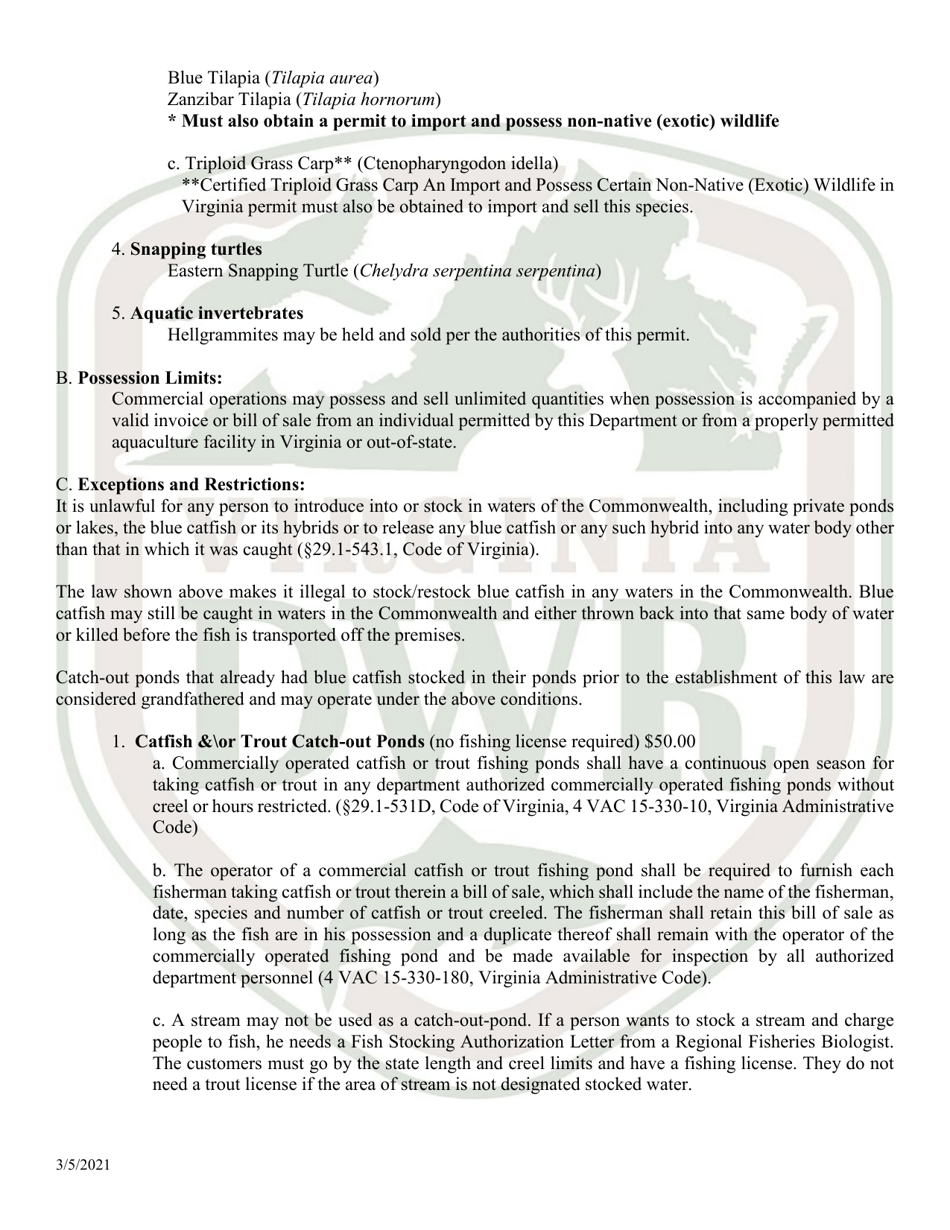 Application for Permit to Hold and Sell Certain Fish, Snakes, Snapping Turtles,  Hellgrammites for Sale - Virginia, Page 6