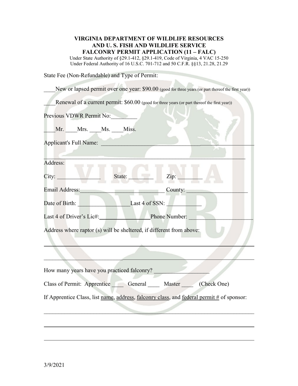 Falconry Permit Application - Virginia, Page 1