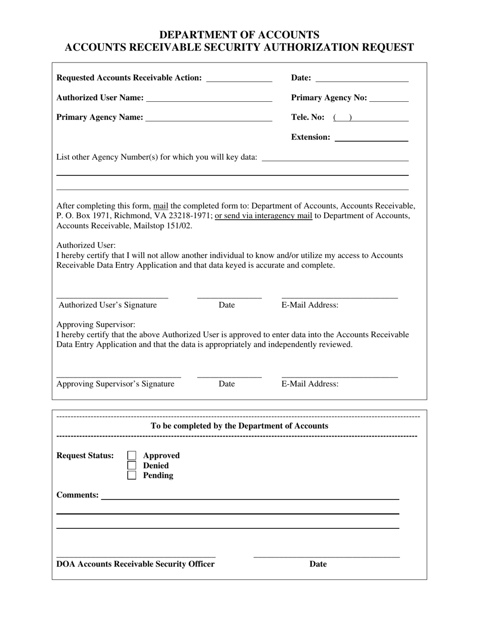 Accounts Receivable Security Authorization Request - Virginia, Page 1