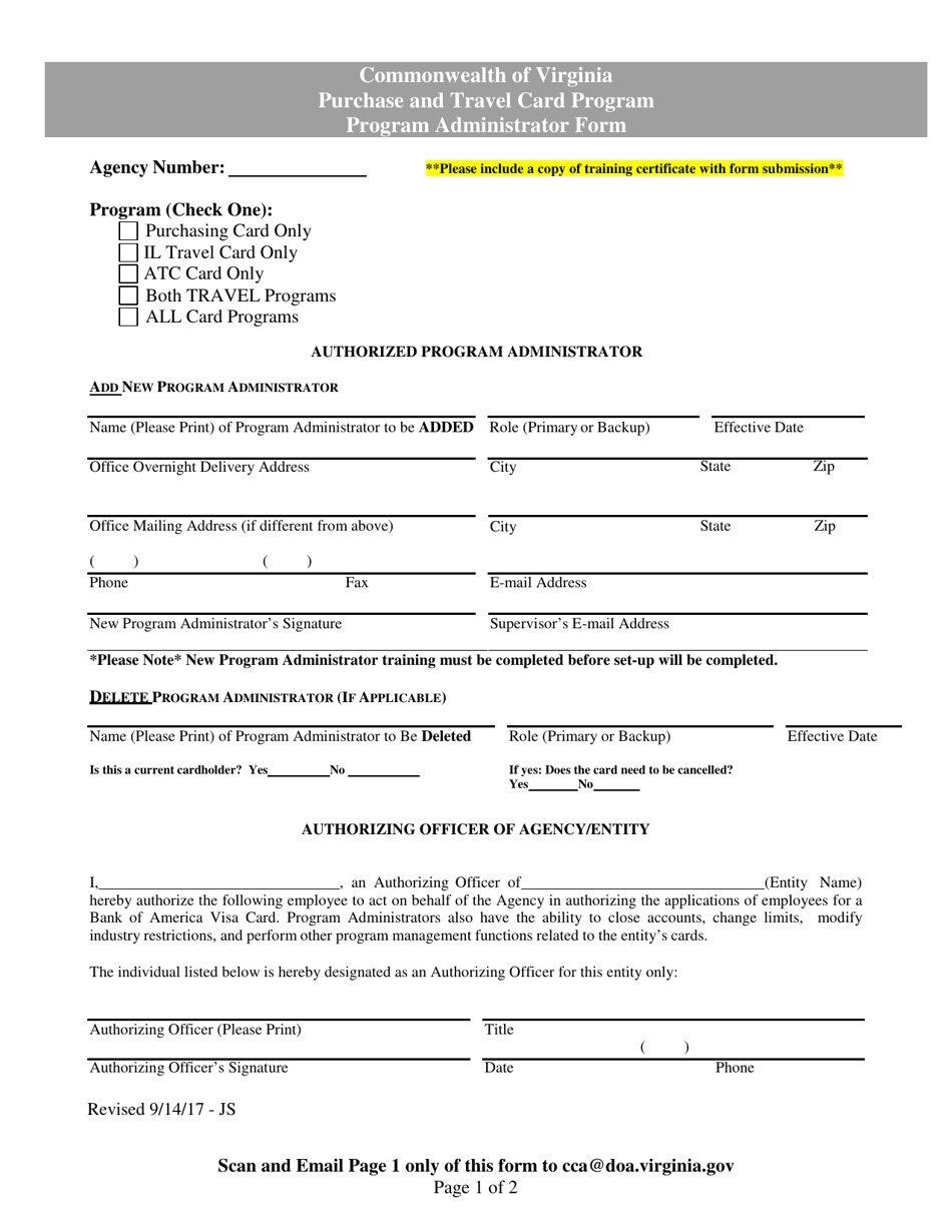 Purchase and Travel Card Program Program Administrator Form - Virginia, Page 1