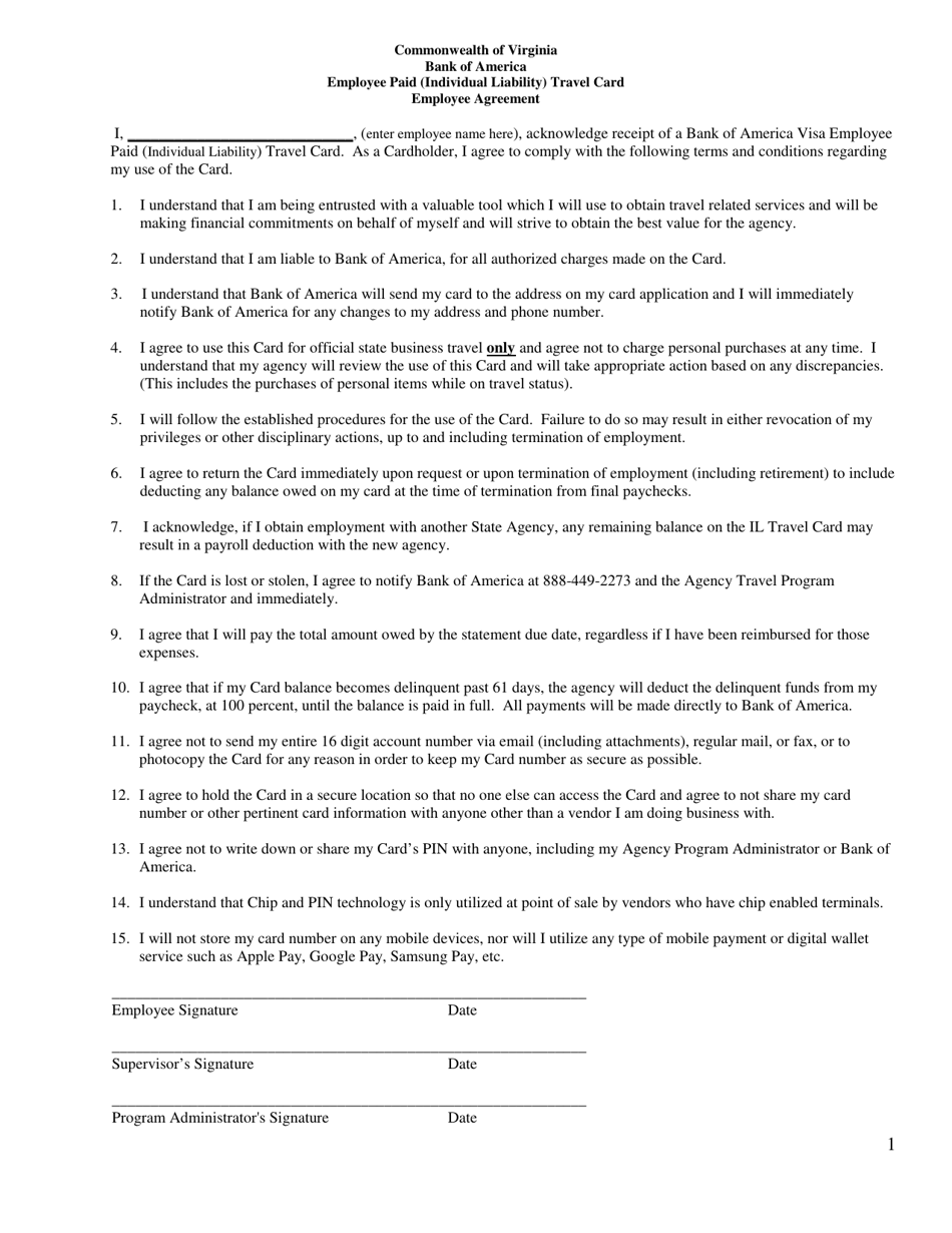 Employee Paid (Individual Liability) Travel Card Employee Agreement - Virginia, Page 1