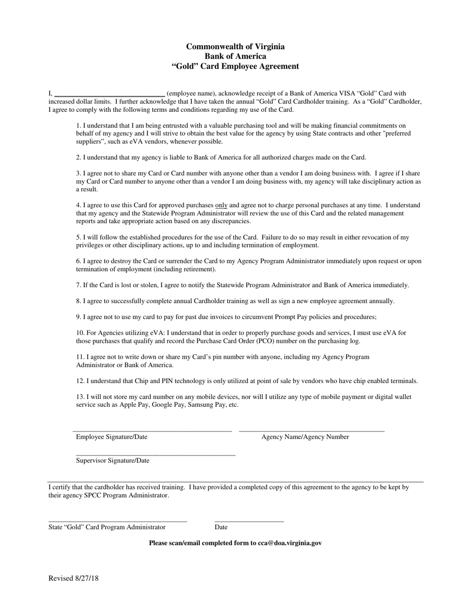Bank of America gold Card Employee Agreement - Virginia, Page 1
