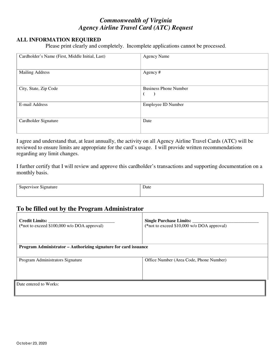 Agency Airline Travel Card (Atc) Request - Virginia, Page 1