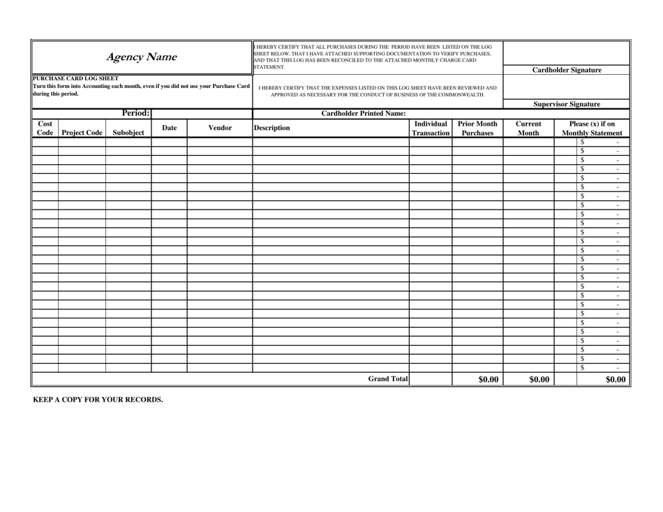Virginia Purchase Card Log Sheet Fill Out, Sign Online and Download PDF Templateroller