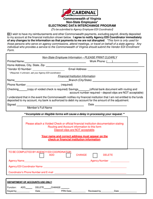 Cardinal Non-state Employee Edi Enrollment Form - Virginia Download Pdf