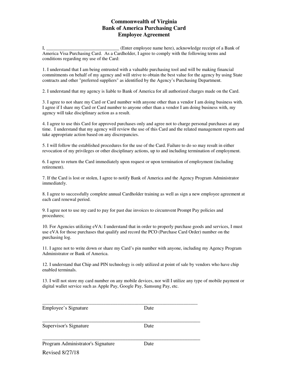 Virginia Bank of America Purchasing Card Employee Agreement Fill Out