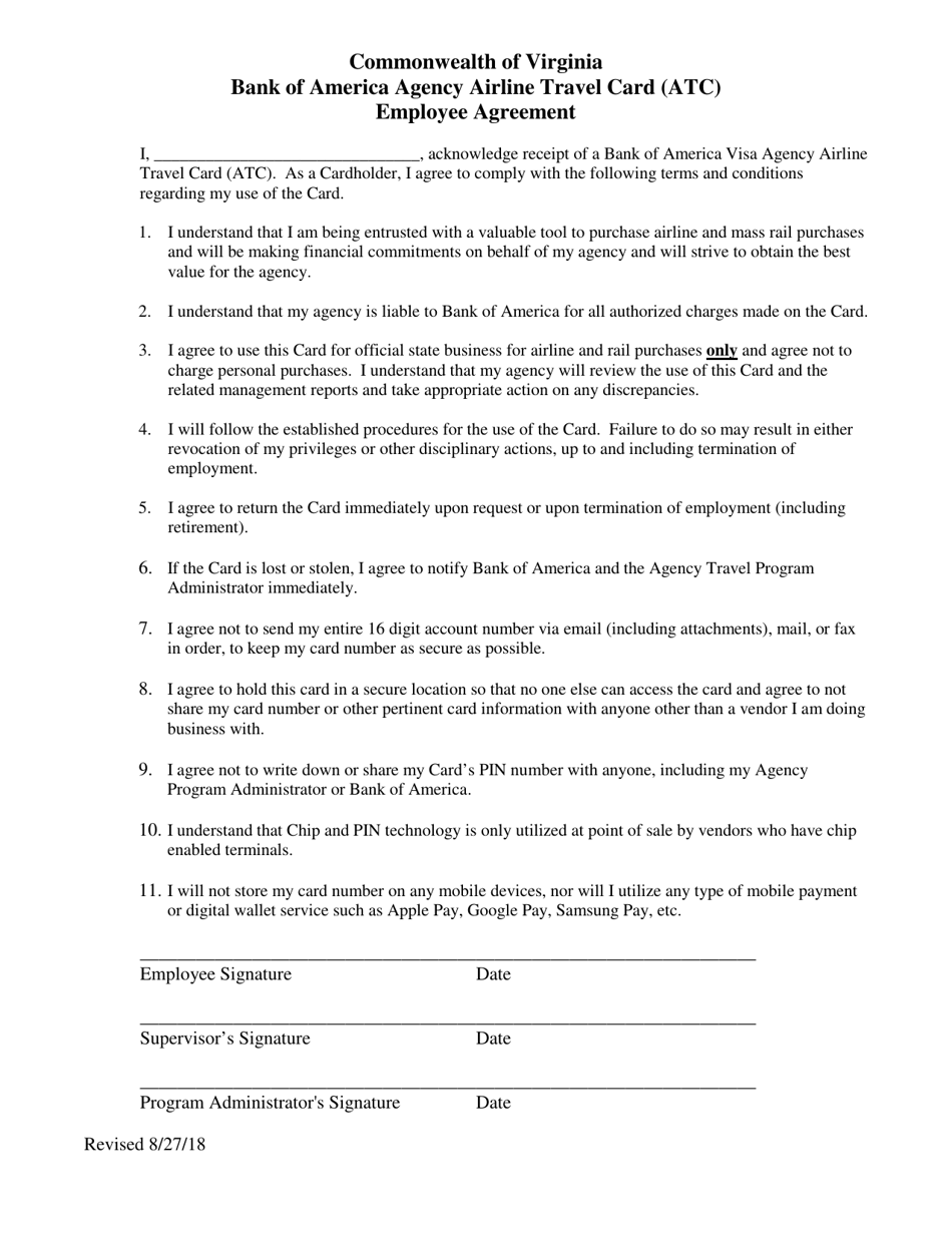 Bank of America Agency Airline Travel Card (Atc) Employee Agreement - Virginia, Page 1