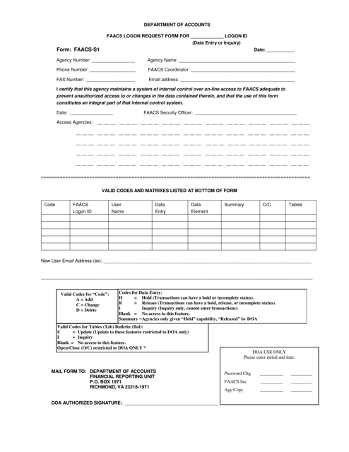Form FAACS-S1 Faacs Logon Request Form - Virginia