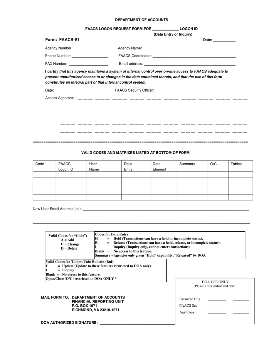 Form FAACS-S1 Faacs Logon Request Form - Virginia, Page 1