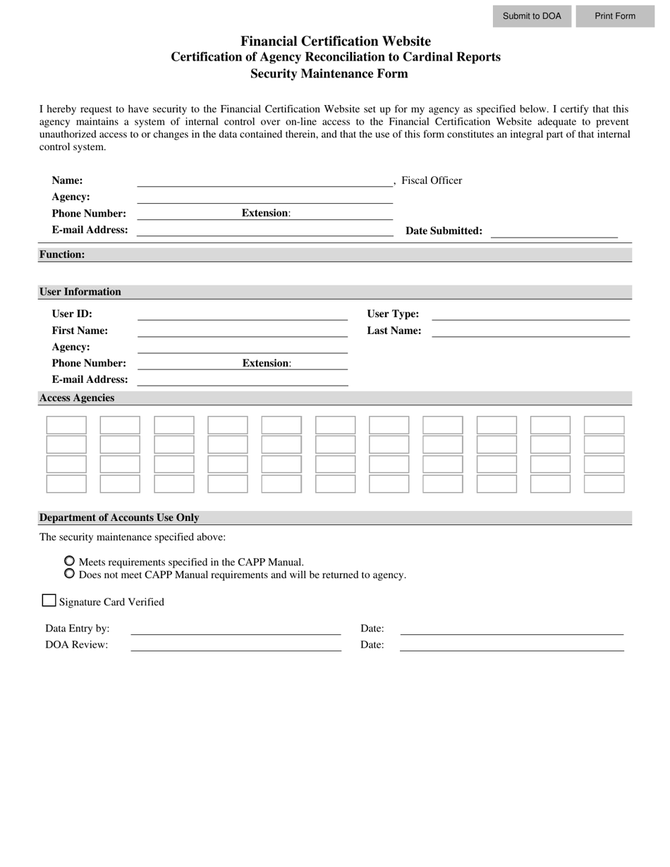 Financial Certification Security Maintenance Form - State Agency - Virginia, Page 1