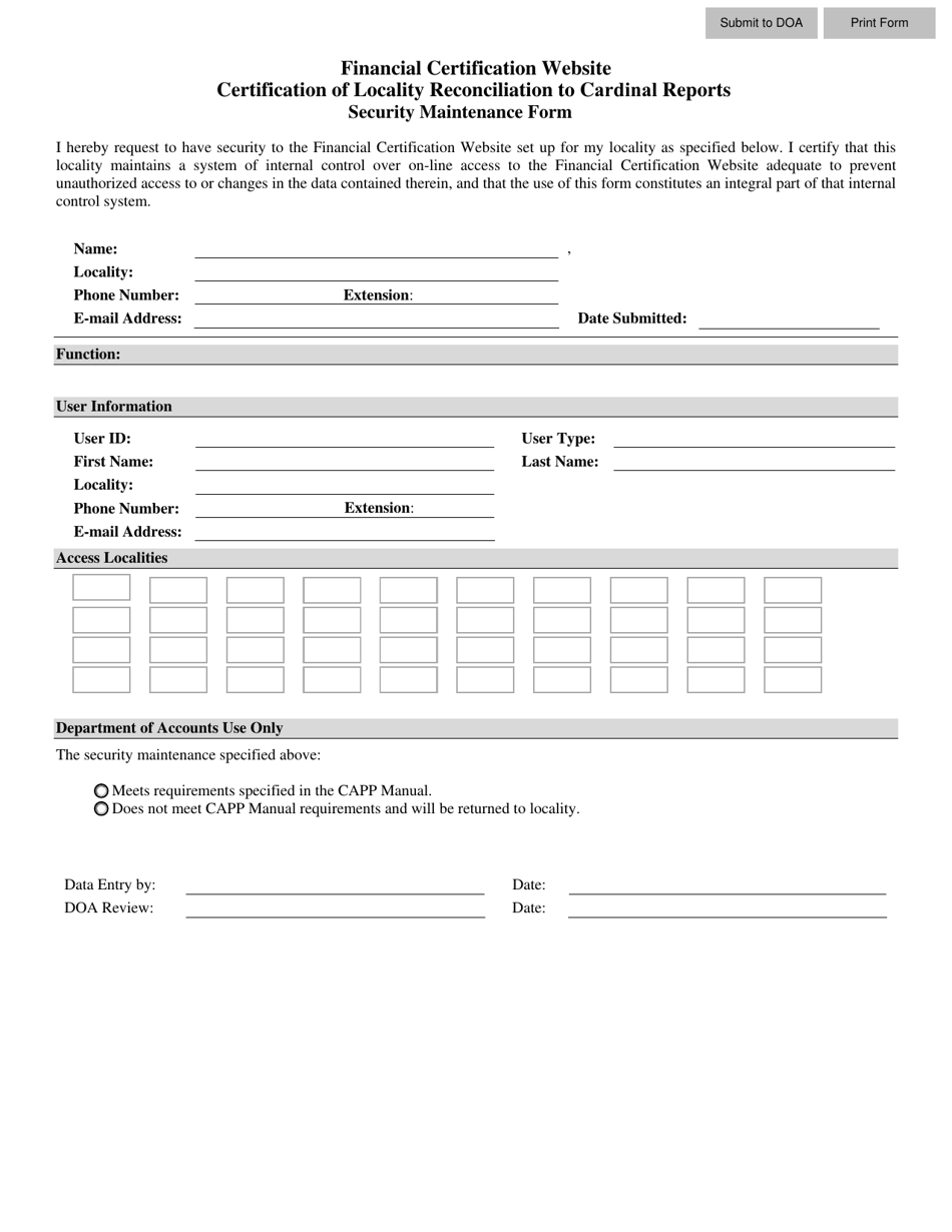 Financial Certification Security Maintenance Form - Clerks - Virginia, Page 1