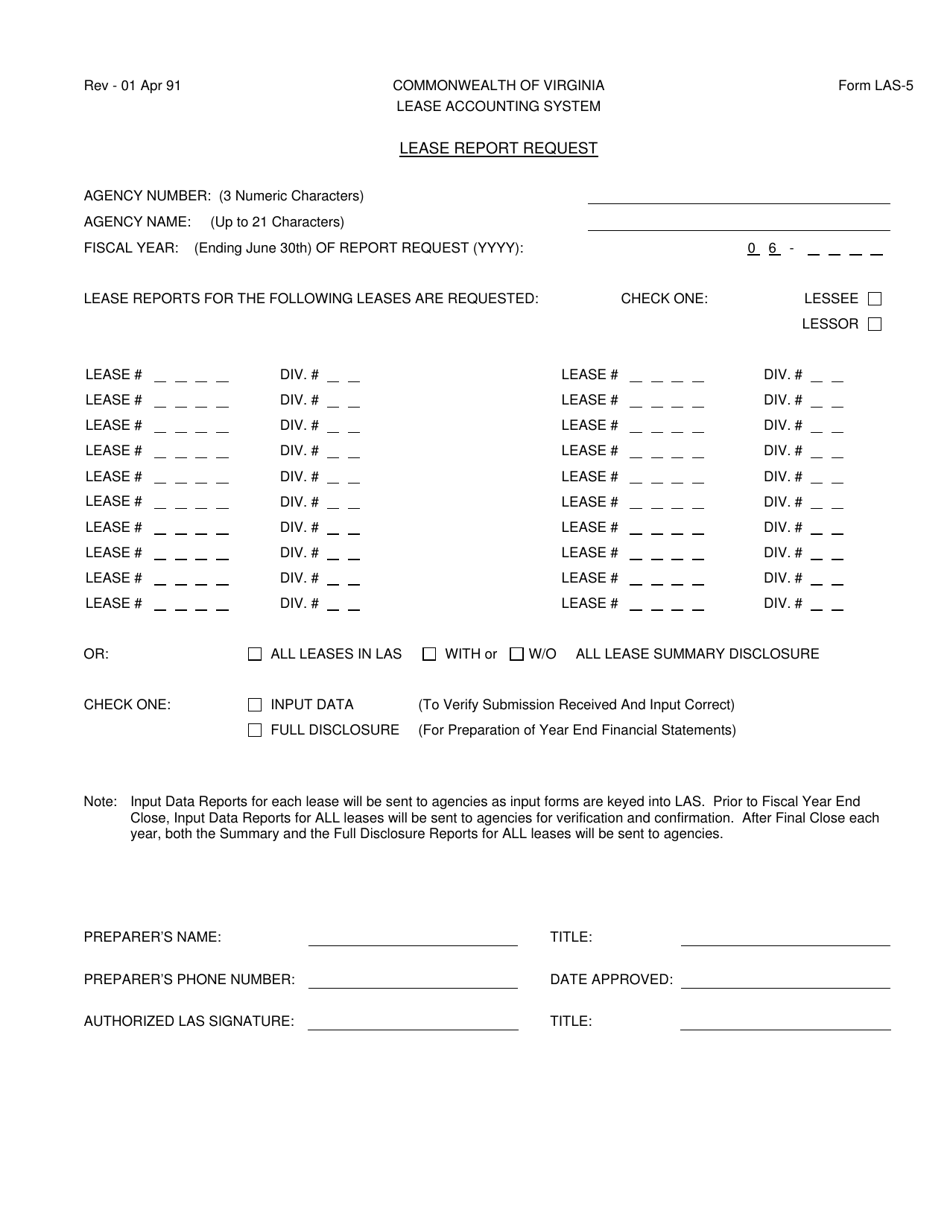 Form LAS-5 Lease Report Request - Virginia, Page 1