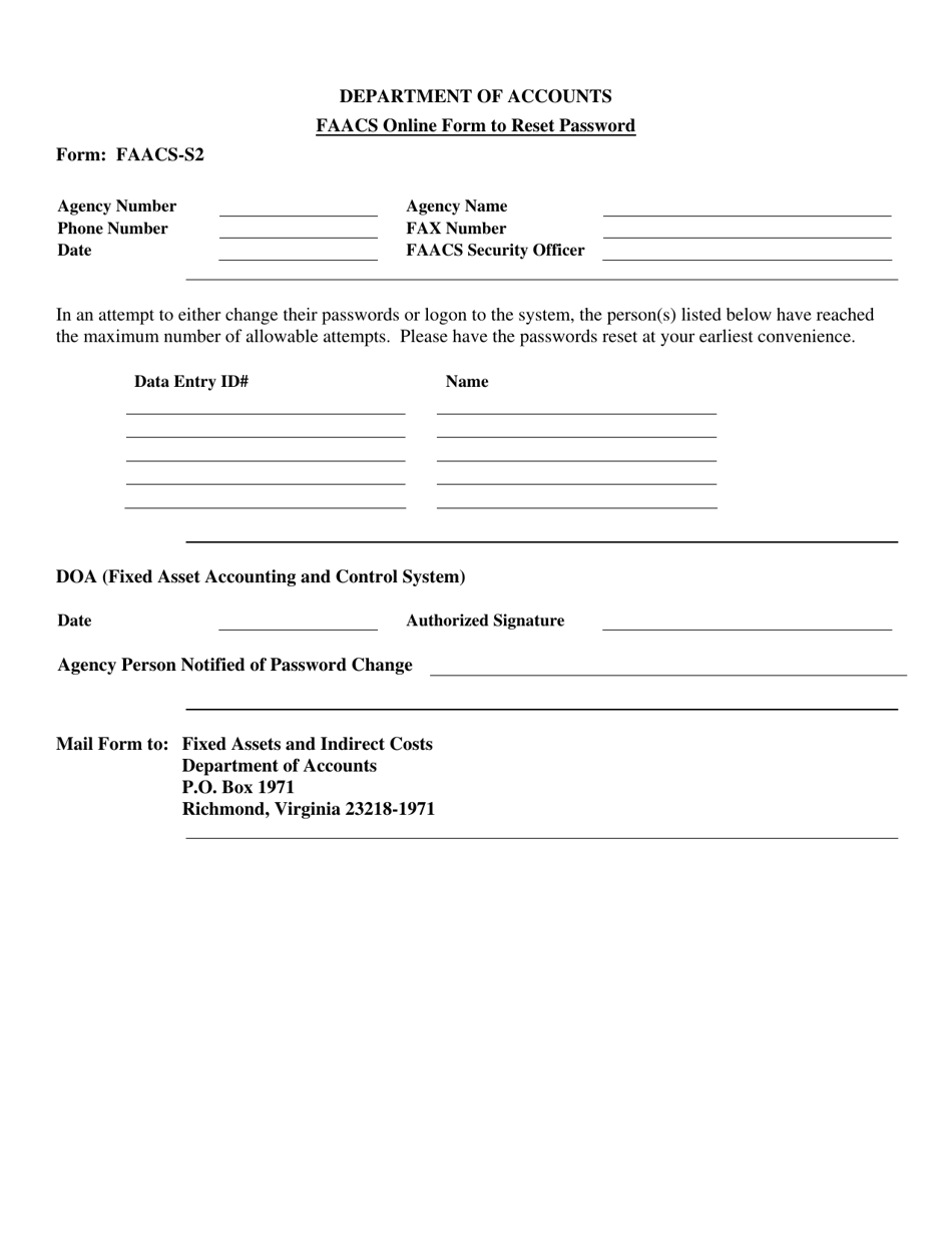 Form FAACS-S2 Faacs Online Form to Reset Password - Virginia, Page 1
