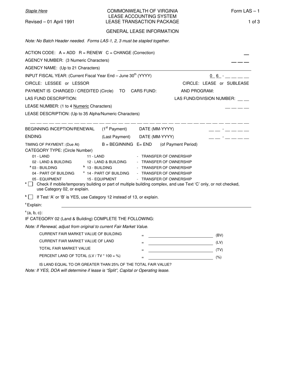 Form LAS-1 Lease Transactions Package - General Lease Information - Virginia, Page 1