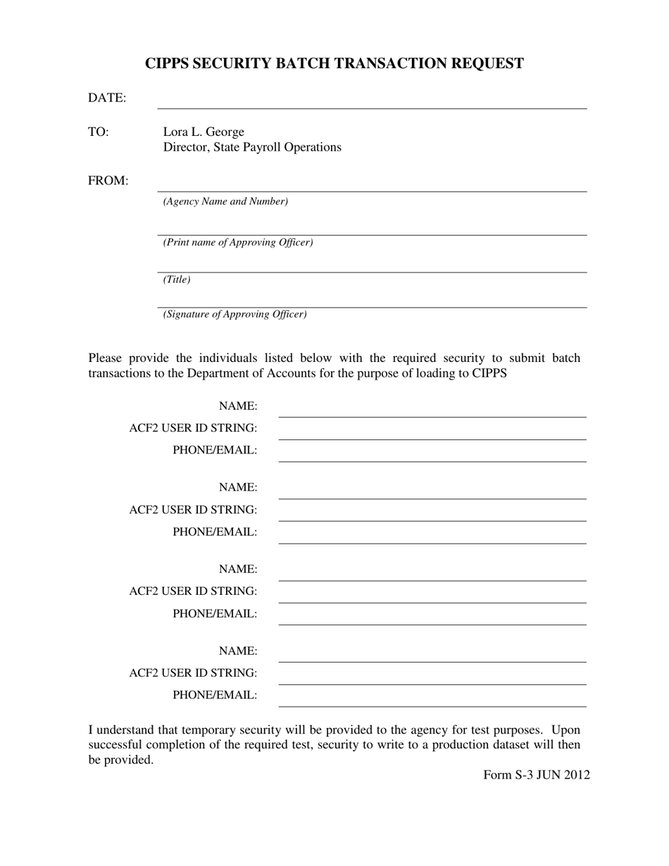 Form S-3 Cipps Security Batch Transaction Request - Virginia, Page 1