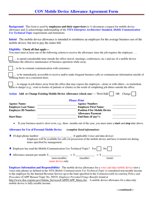 Cov Mobile Device Allowance Agreement Form - Virginia Download Pdf