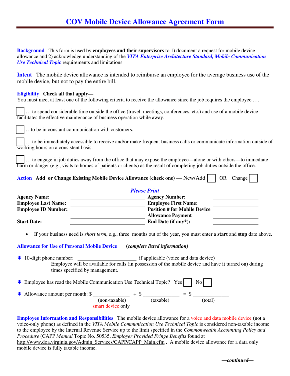 Cov Mobile Device Allowance Agreement Form - Virginia, Page 1