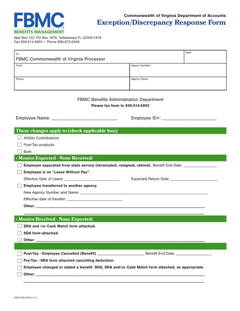 Tpa Exception / Discrepancy Response Form - Virginia Download Pdf