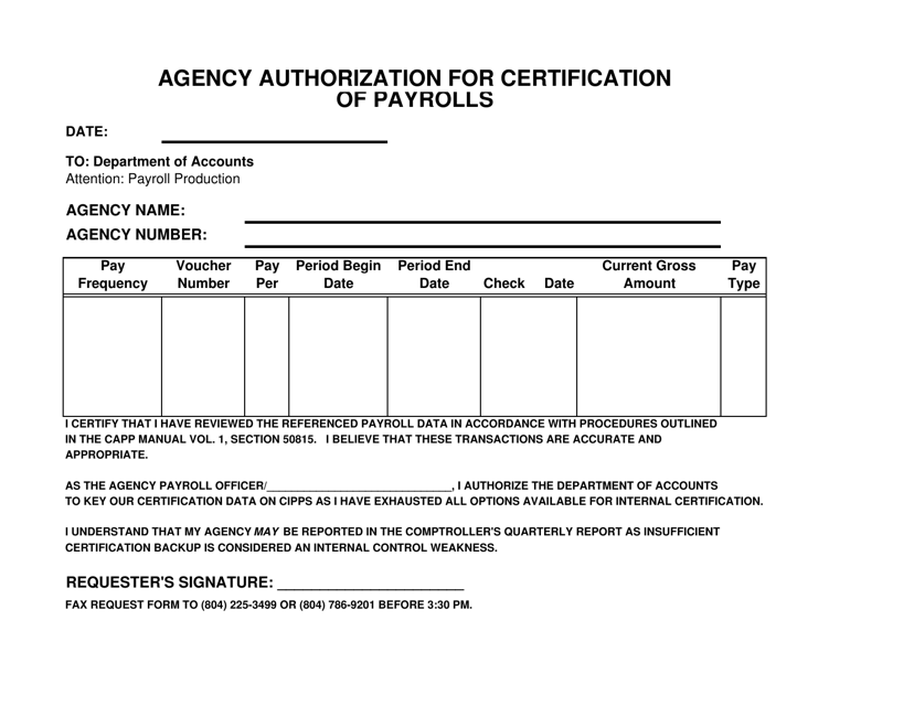 Agency Authorization for Certification of Payrolls - Virginia Download Pdf