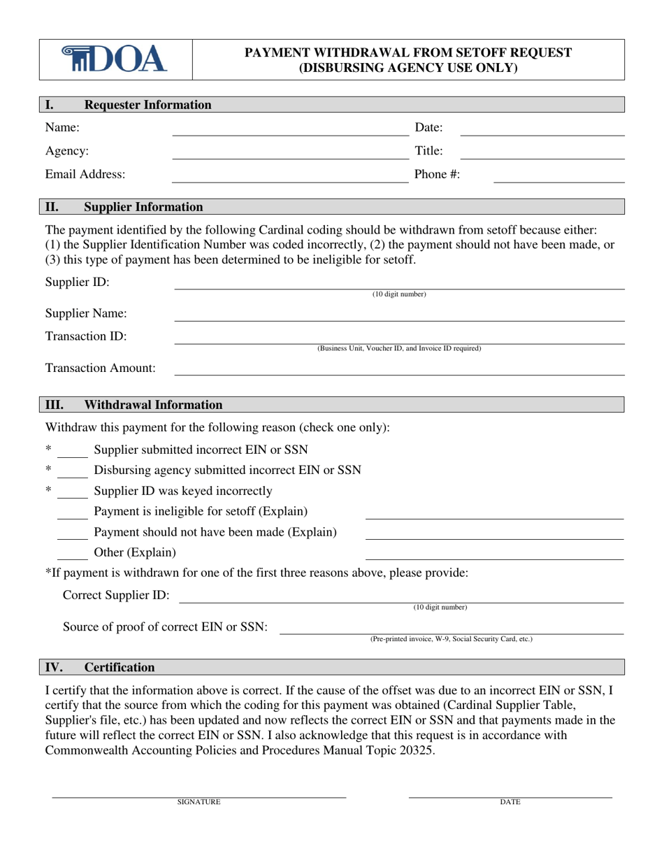 Payment Withdrawal From Setoff Request - Virginia, Page 1