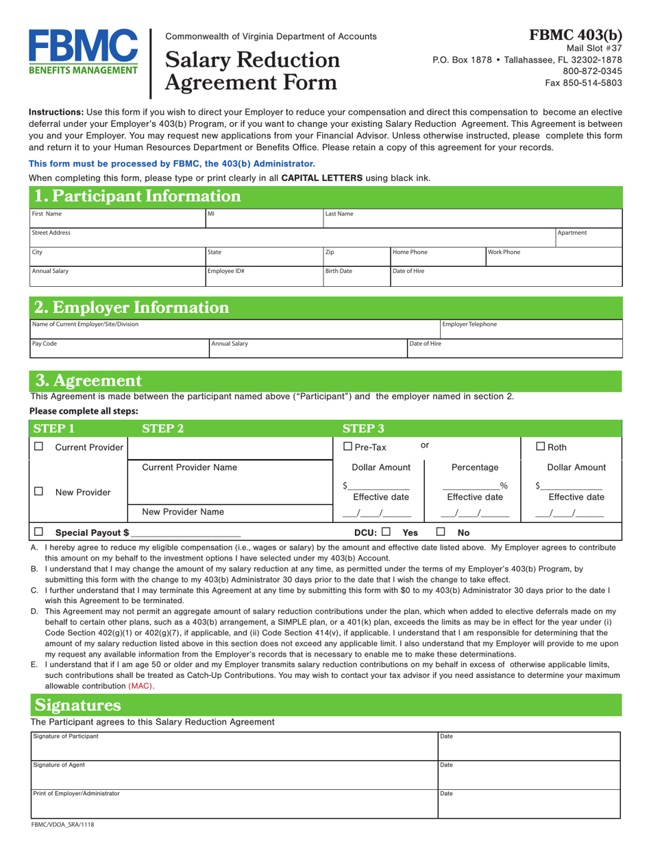 Pre-tax Salary Reduction Agreement Form - Virginia, Page 1