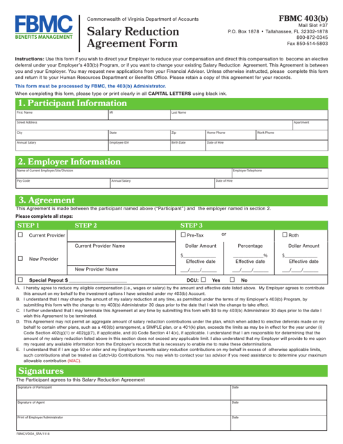 Pre-tax Salary Reduction Agreement Form - Virginia Download Pdf