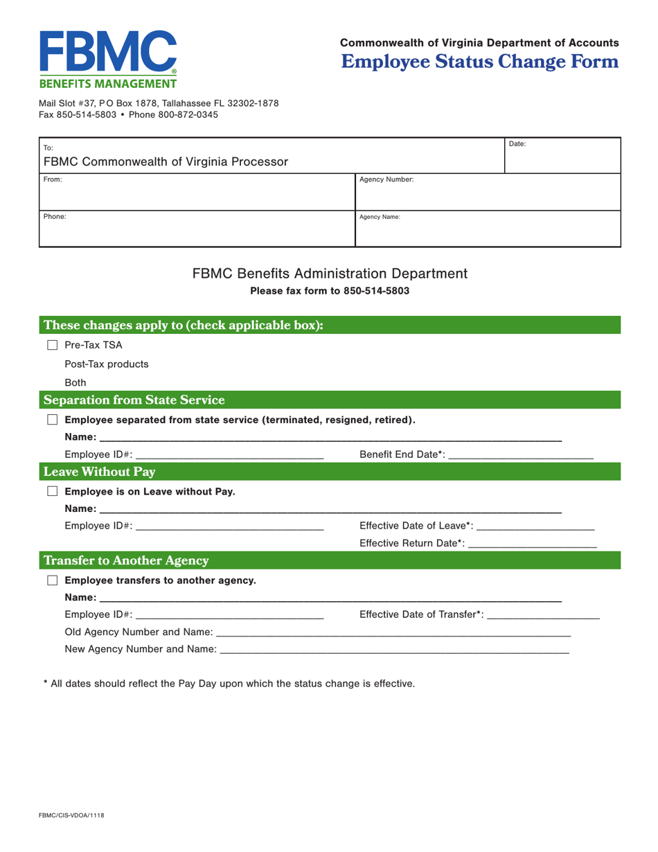 Tpa Employment Status Change Form - Virginia, Page 1