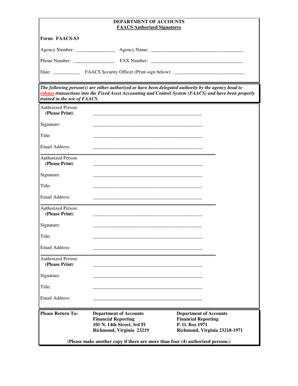 Form FAACS-S3 Faacs Authorized Signatures - Virginia, Page 1