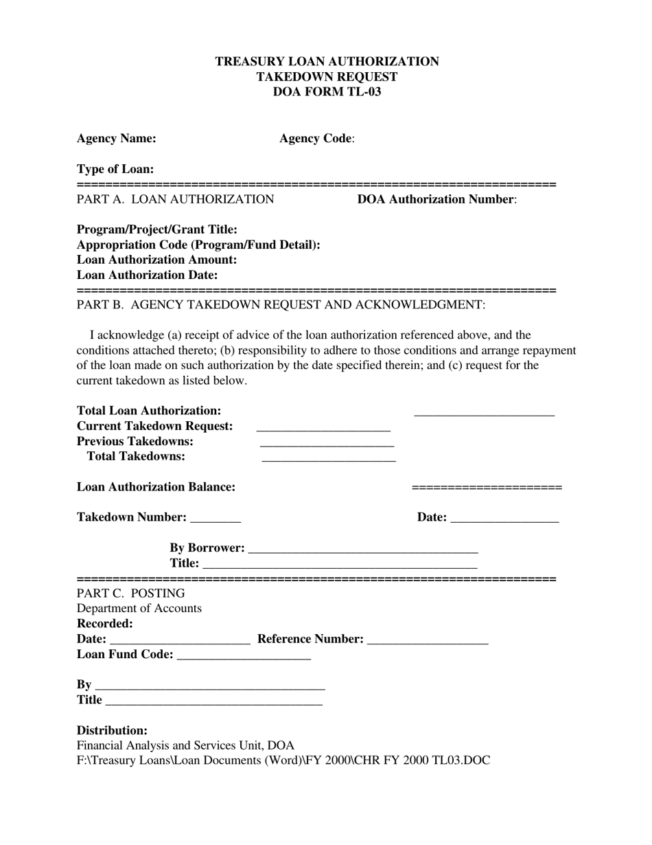 DOA Form TL-03 Treasury Loan Takedown Request Form - Virginia, Page 1