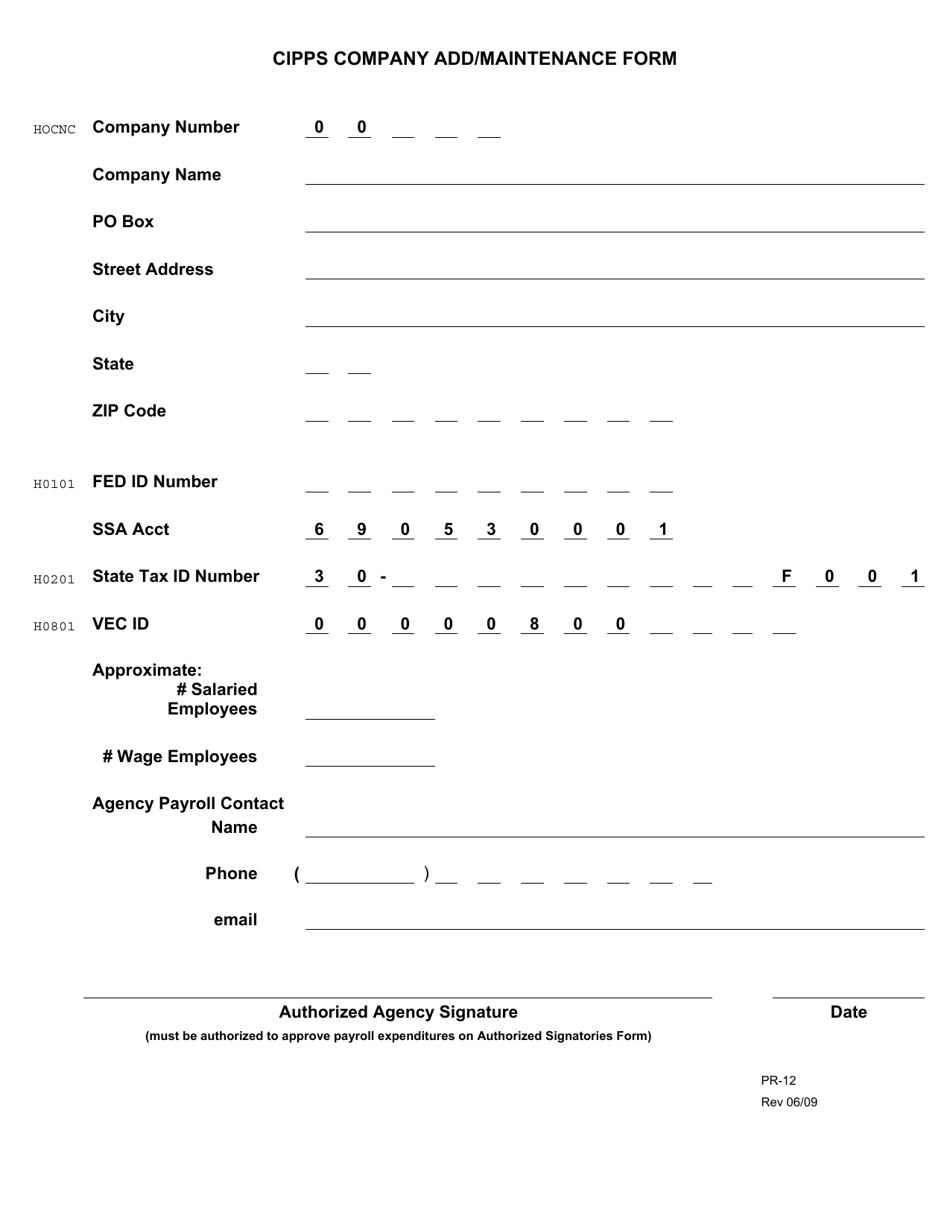 Form PR-12 Cipps Company Add / Maintenance Form - Virginia, Page 1