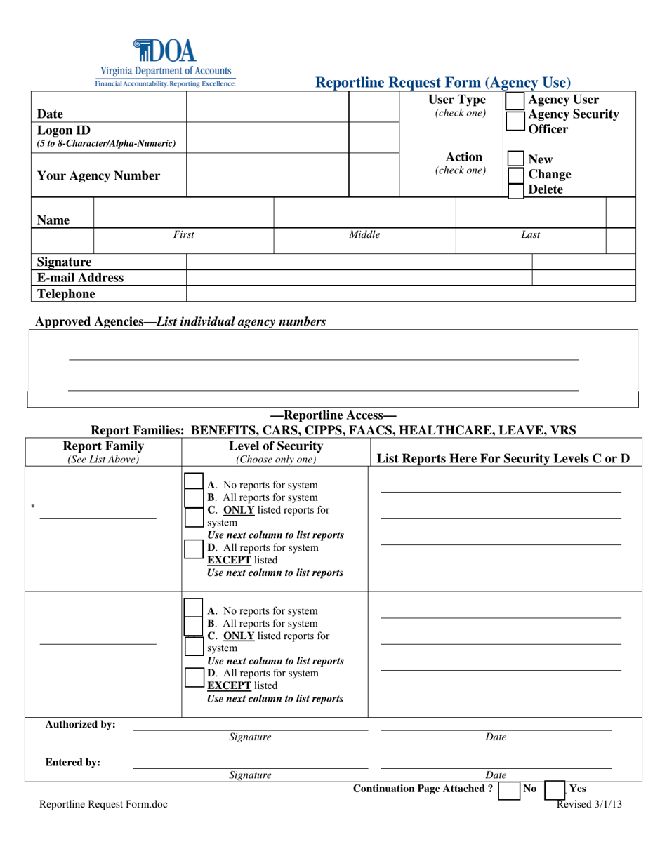 Reportline Request Form - Virginia, Page 1