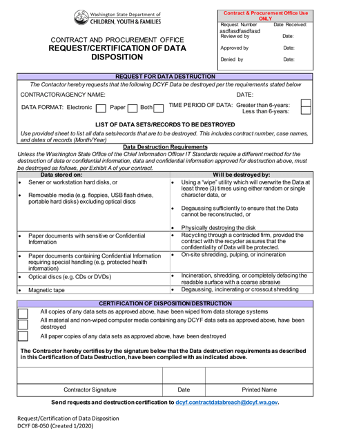 DCYF Form 08-050 Request/Certification of Data Disposition - Washington