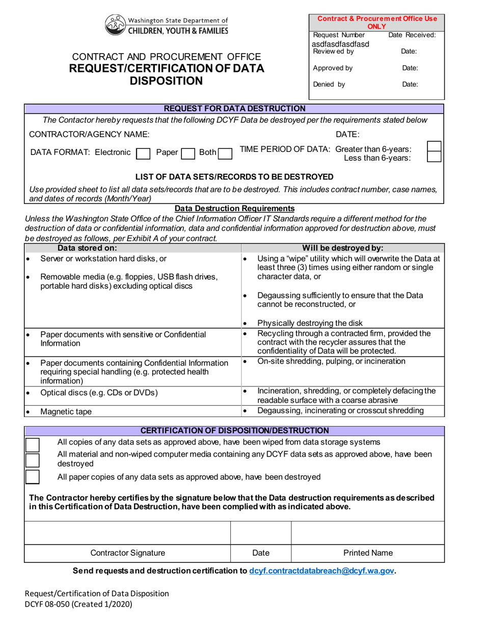 DCYF Form 08-050 Request / Certification of Data Disposition - Washington, Page 1