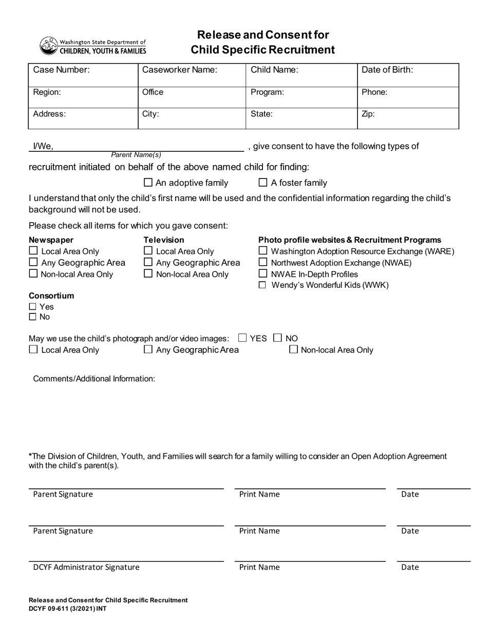 DCYF Form 09-611 Release and Consent for Child Specific Recruitment - Washington, Page 1