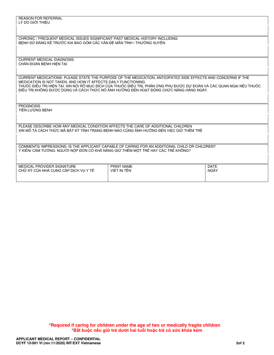 DCYF Form 13-001 Applicant Medical Report - Confidential - Washington (English / Vietnamese), Page 2