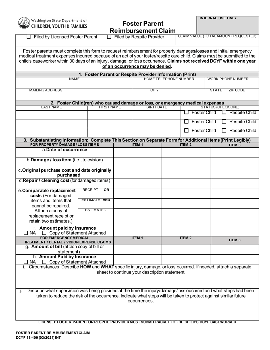 DCYF Form 18-400 Foster Parent Reimbursement Claim - Washington, Page 1