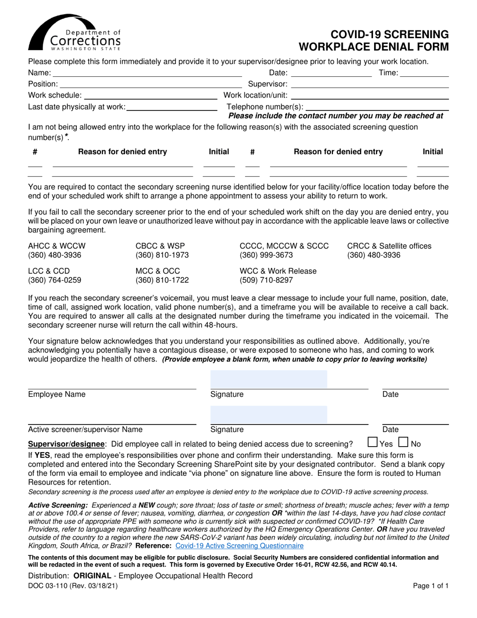 Form DOC03-110 Covid-19 Screening Workplace Denial Form - Washington, Page 1