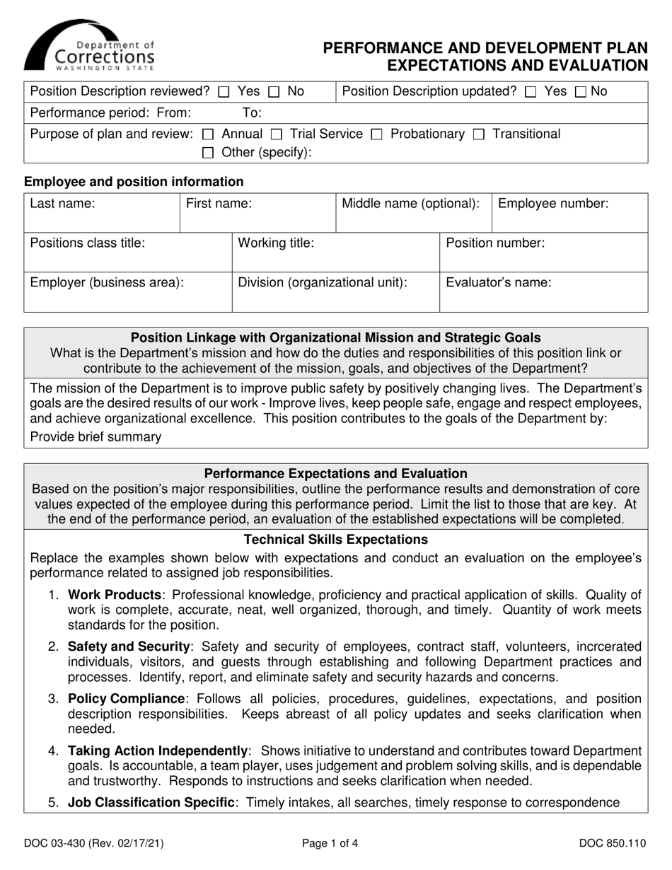 Form DOC03-430 Performance and Development Plan Expectations and Evaluation - Washington, Page 1
