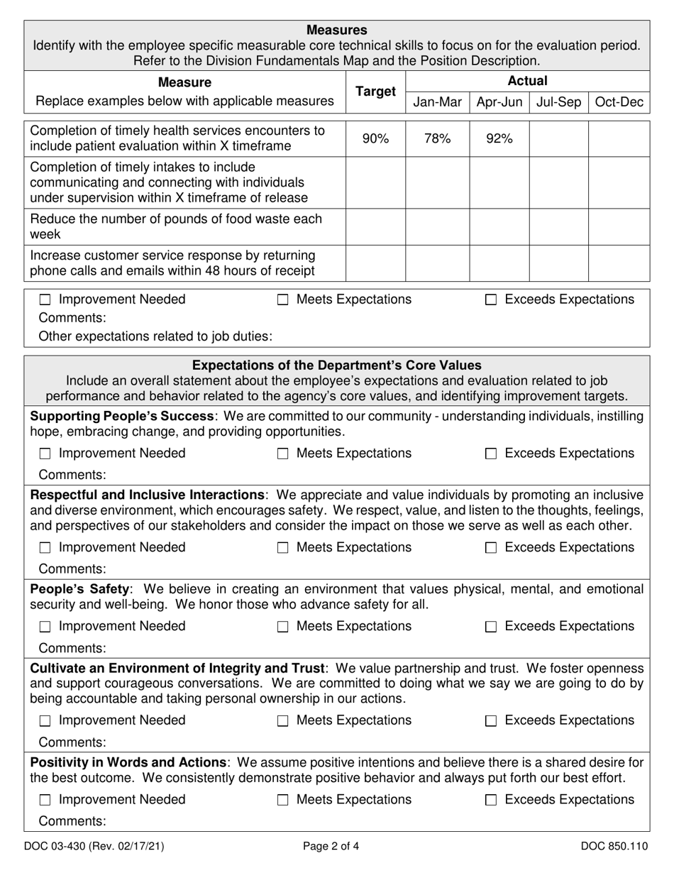 Form DOC03-430 Performance and Development Plan Expectations and Evaluation - Washington, Page 2