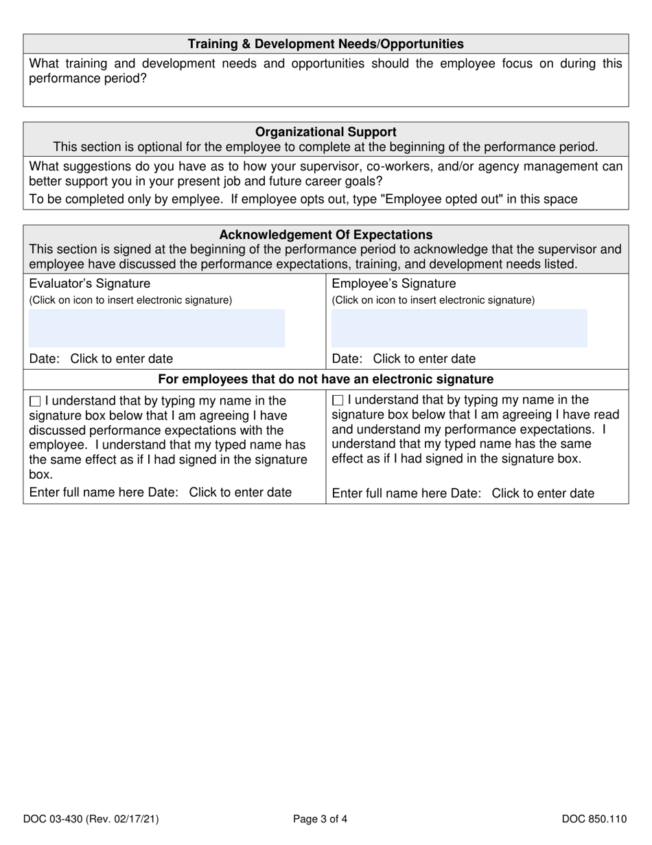 Form DOC03-430 Performance and Development Plan Expectations and Evaluation - Washington, Page 3