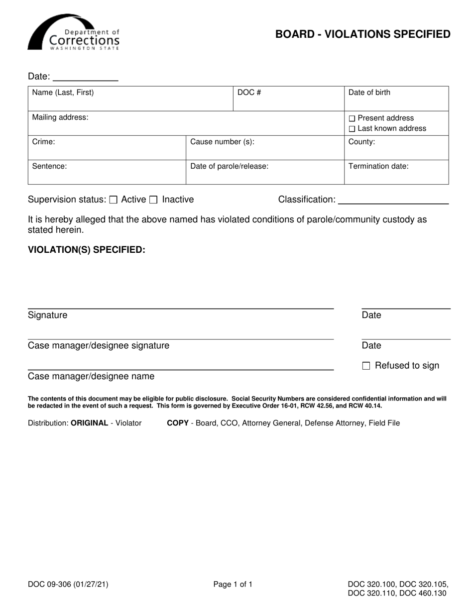 Form DOC09-306 Board - Violations Specified - Washington, Page 1