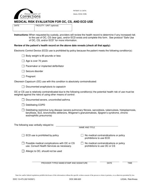 Form DOC13-473 Medical Risk Evaluation for Oc, Cs, and Ecd Use - Washington