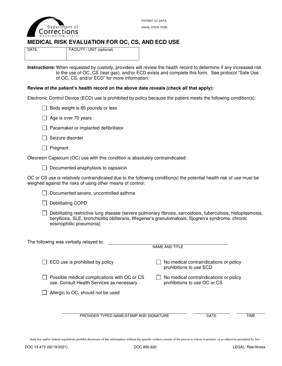 Form DOC13-473 Medical Risk Evaluation for Oc, Cs, and Ecd Use - Washington, Page 1