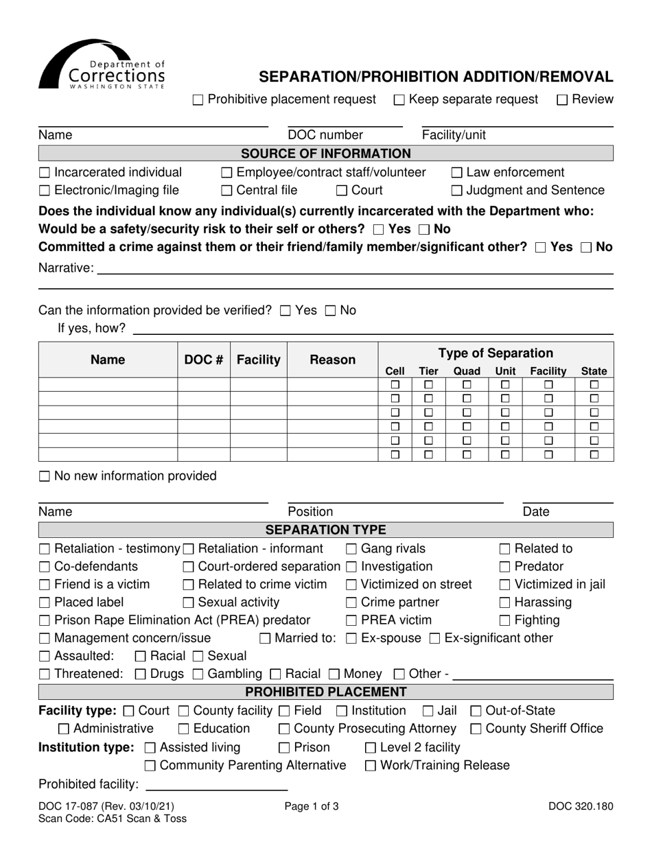 Form DOC17-087 Separation / Prohibition Addition / Removal - Washington, Page 1