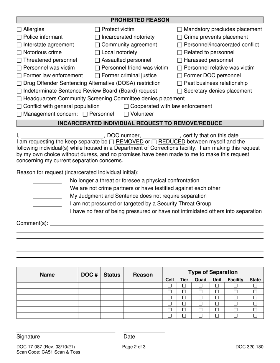 Form DOC17-087 Separation / Prohibition Addition / Removal - Washington, Page 2