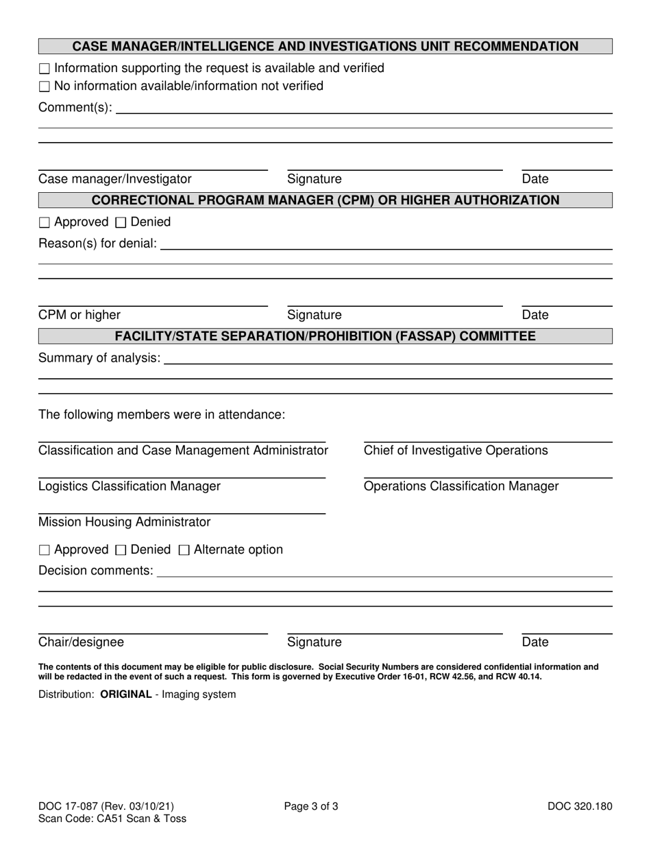 Form DOC17-087 Separation / Prohibition Addition / Removal - Washington, Page 3