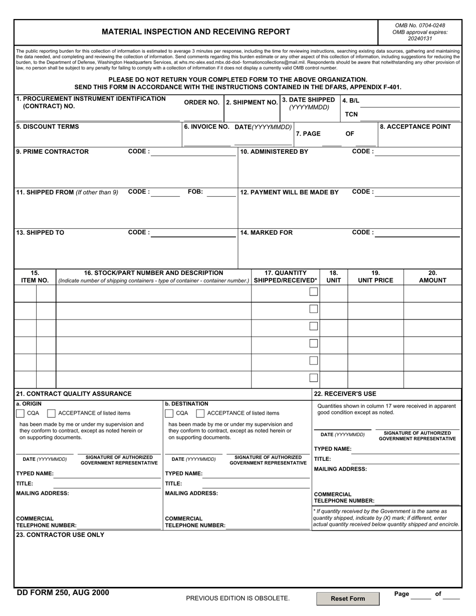 DD Form 250 Download Fillable PDF or Fill Online Material Inspection