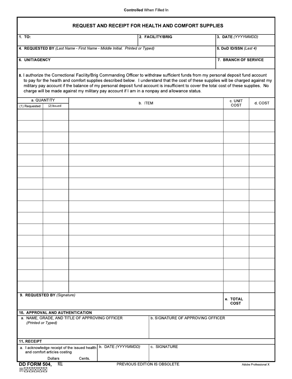 DD Form 504 Request and Receipt for Health and Comfort Supplies, Page 1