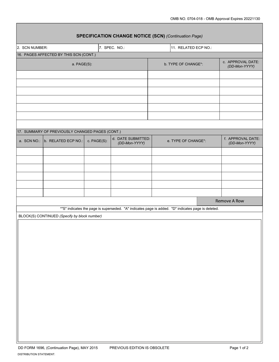 DD Form 1696C Specification Change Notice (Scn) (Continuation Page), Page 1