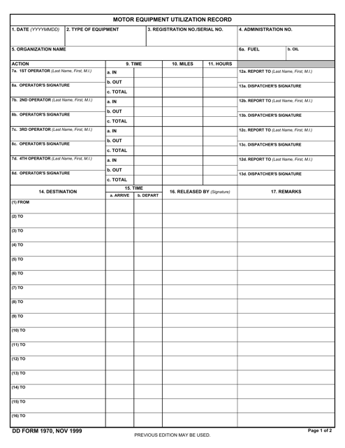 DD Form 1970 Motor Equipment Utilization Record